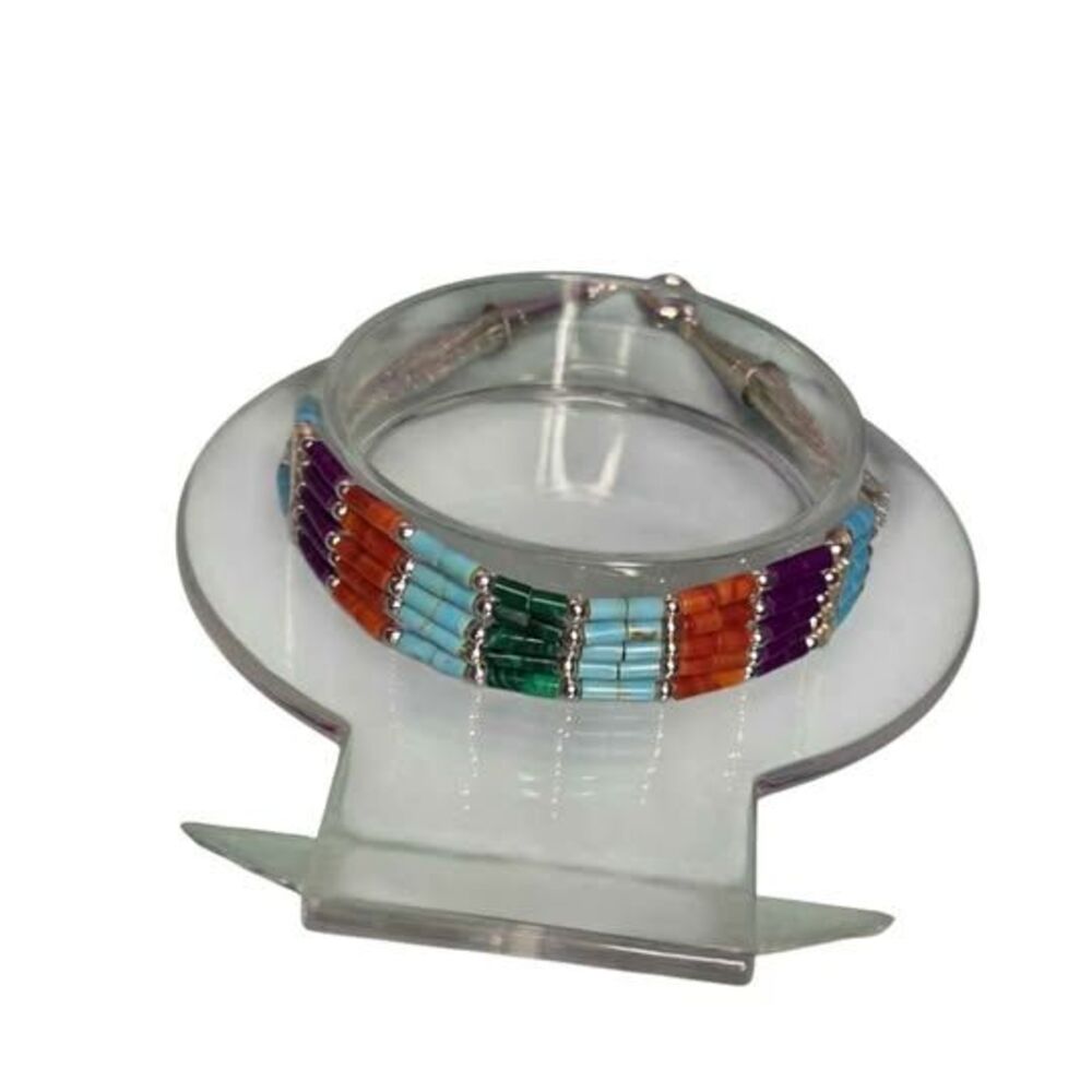 Liquid Silver Bracelet 7 Inch Sterling Silver Multi Strand Colorful Beaded